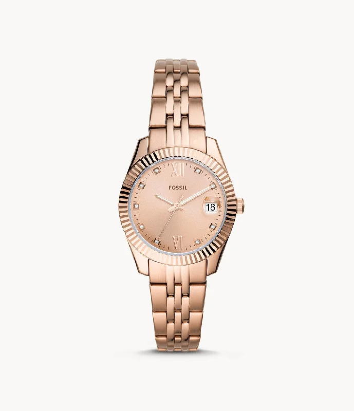 sport watches for women with built-in heart rate monitor and GPS -Fossil Scarlette Mini Rose Gold Tone Stainless Steel Watch Es4898