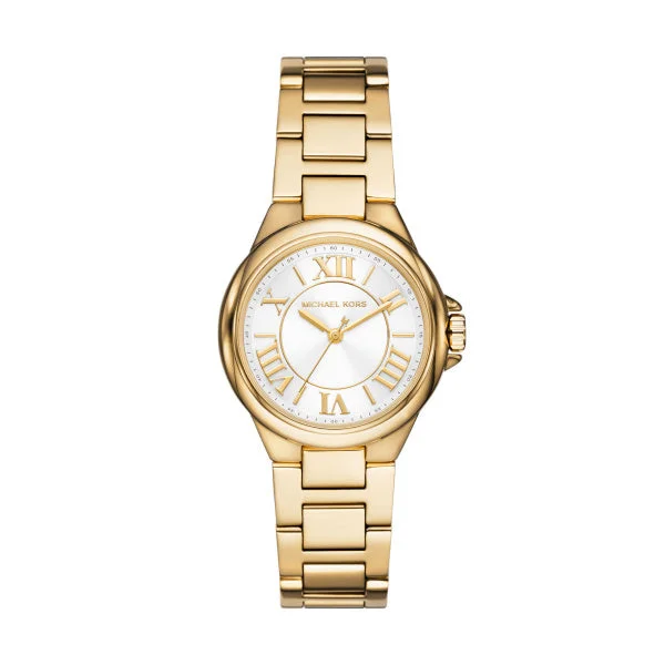 high-tech digital watches for men with heart rate, GPS, and sleep tracking -Michael Kors Camille Ladies Gold-Toned Watch Silver Sunray Dial