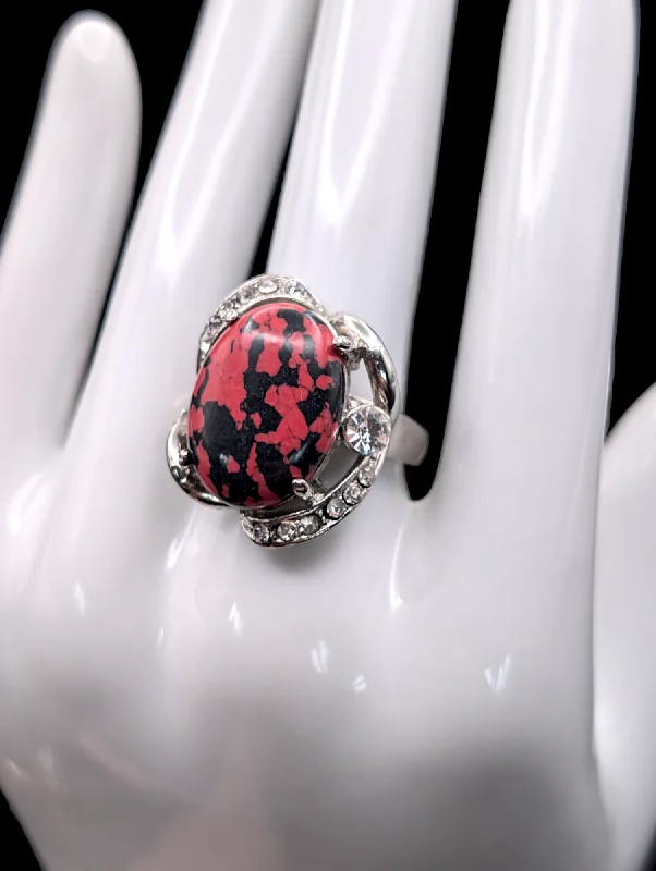 vintage engagement rings with rubies for women-Vintage Red and Black Simulated Marble Cocktail Silver Statement Ring