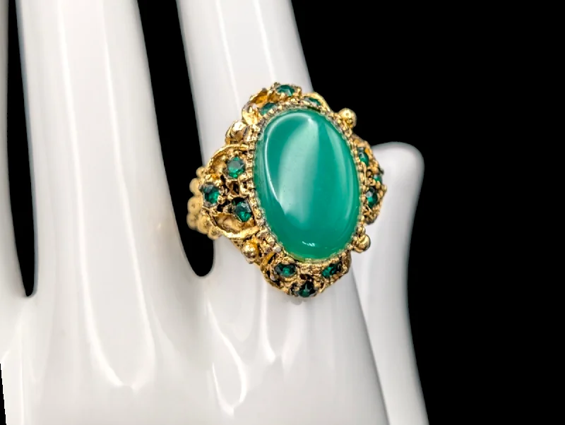 platinum engagement rings with sapphires and rubies for women-Vintage Simulated Chrysoprase Emerald Green Cocktail Statement Ring with Gold Filigree and Rhinestones