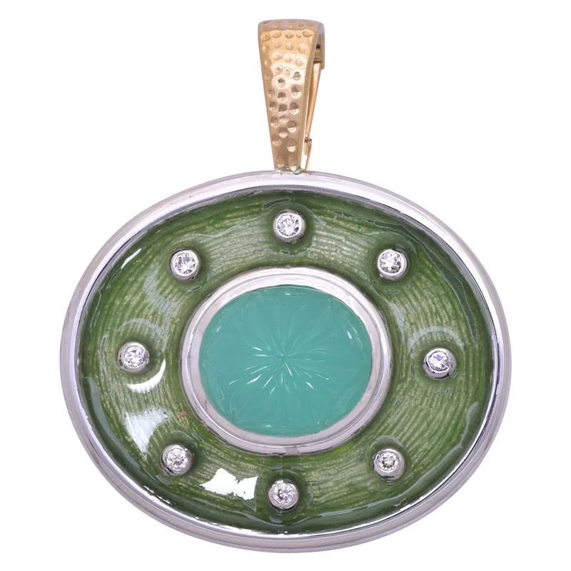 women’s platinum wedding bands with sapphires-Pendant- Chrysoprase and Diamond (Enamel)  (39AM)