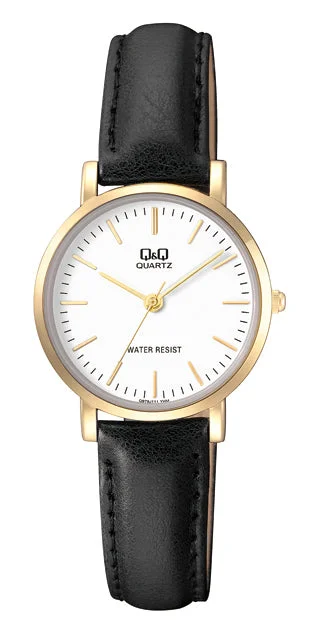 watches for women with leather and metal hybrid bands and modern dials -Q&Q Black Leather with Gold Dial Ladies Watch