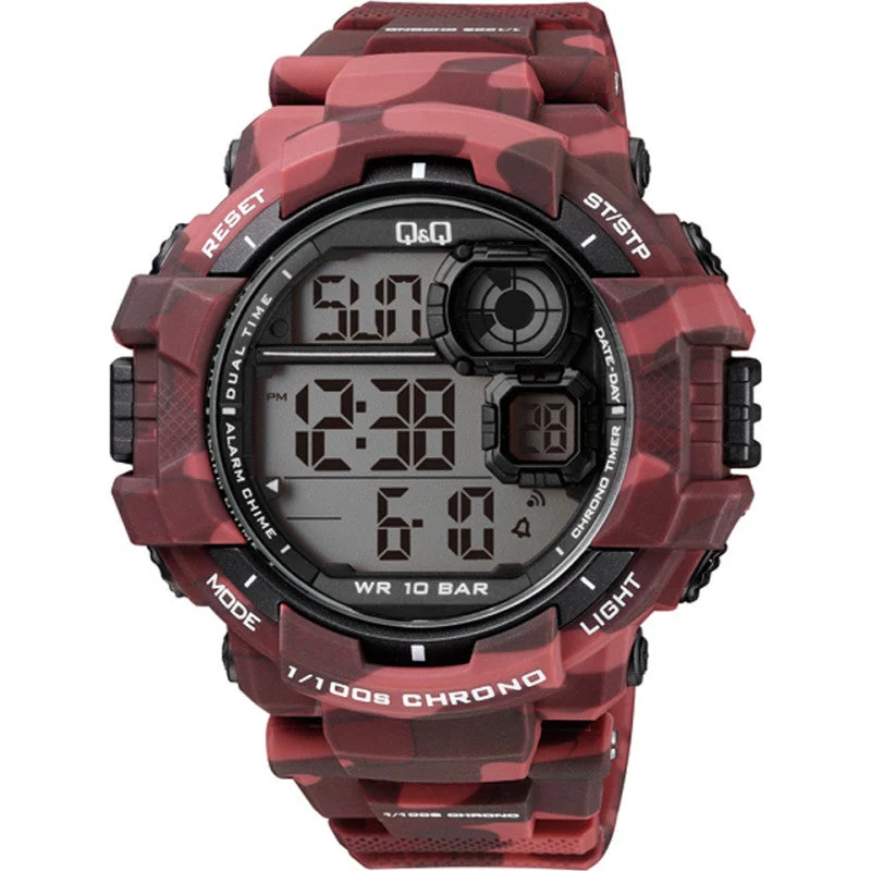 stylish watches for women with multi-functional digital faces -Q & Q Gents Red Camouflage Digital Watch