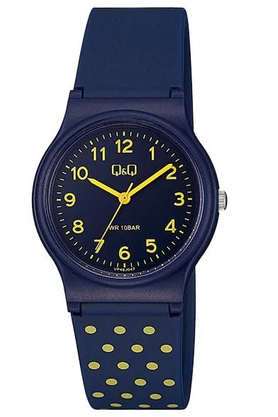 watches for men with simple, modern faces and durable silicone bands -Q & Q Girls Navy And Yellow Dot Watch