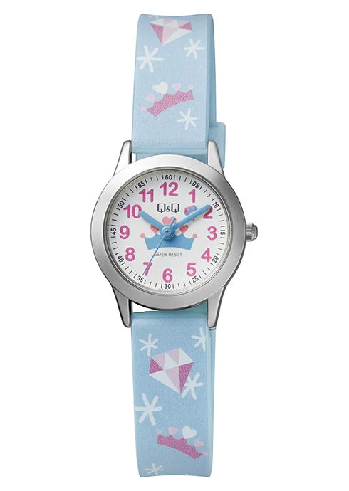 men’s watches with high-tech functionality and luxury leather bands -Q & Q Girls Pastel Blue With Diamonds & Crown Pattern Strap