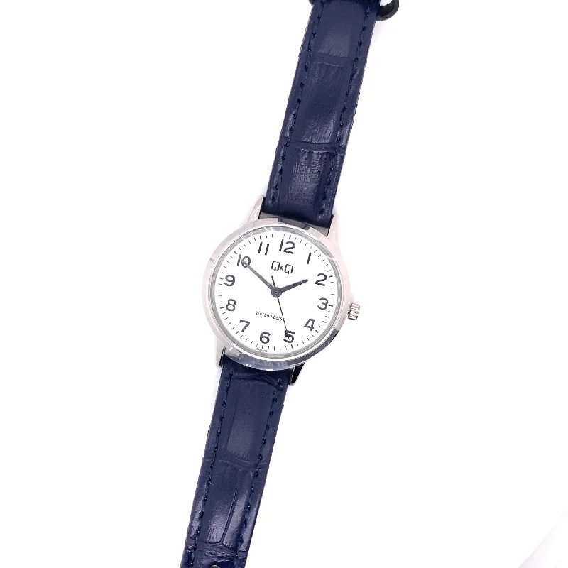 women's watches with interchangeable bands and bold dial designs -Q&Q Navy Leather Ladies Watch