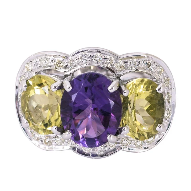 vintage engagement rings for men with sapphires and rubies-Ring- Amethyst, Lemon Quartz and Diamond  (265KS)