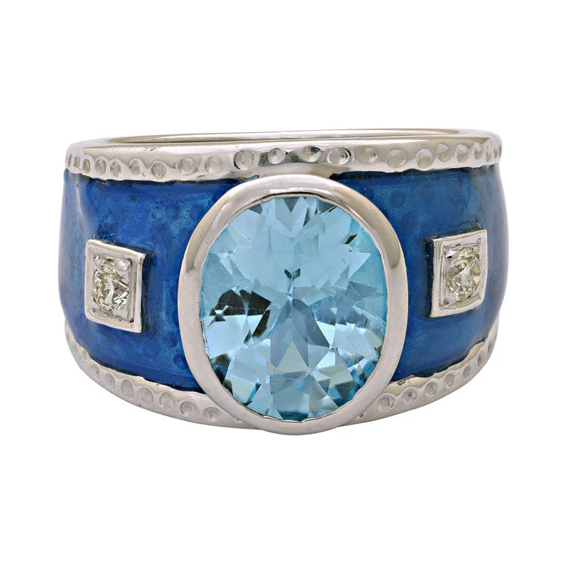 men’s platinum engagement rings with diamonds and sapphires-Ring-Blue Topaz and Diamond (Enamel)