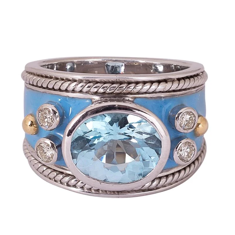 custom wedding bands for men with sapphires for engagement-Ring- Blue Topaz and Diamond (Enamel)  (42AM)