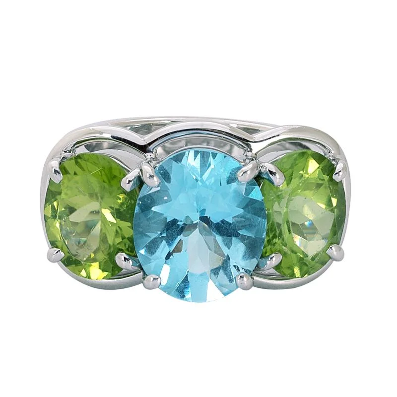 platinum rings with diamonds and sapphires for wedding bands-Ring- Blue Topaz and Peridot  (272DS)