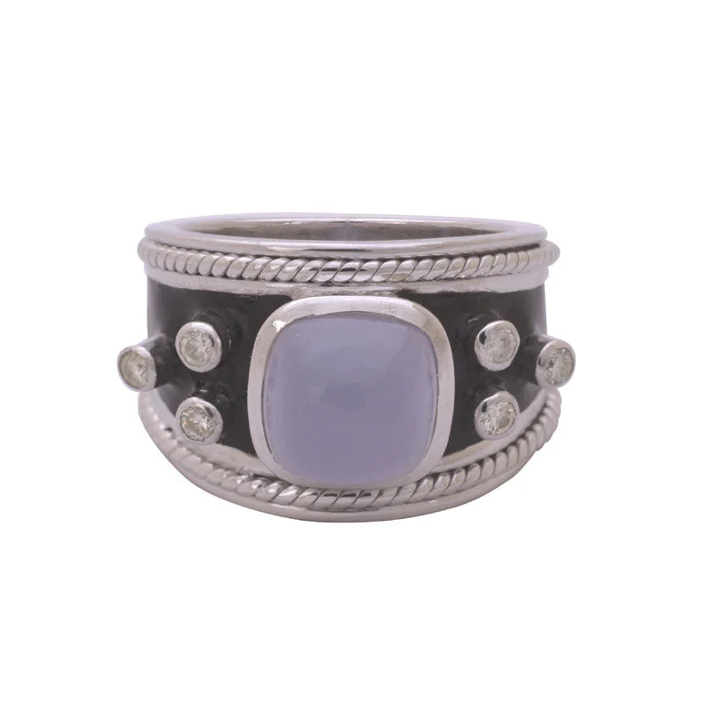 men’s rings with diamonds for engagement rings for women-RING- CHALCEDONY AND DIAMOND (ENAMEL) IN SILVER