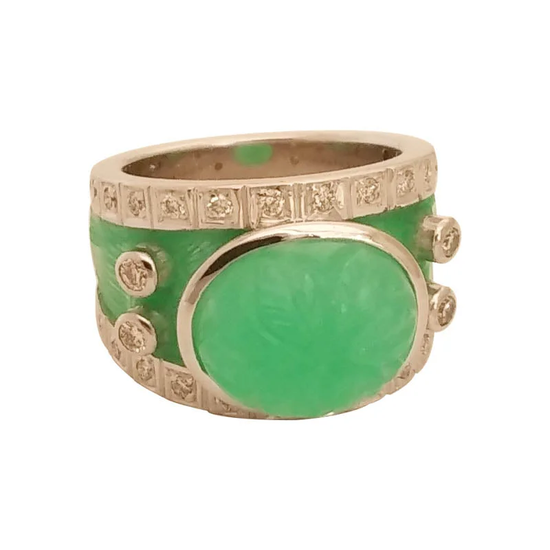 vintage platinum wedding rings with diamonds for engagement-RING- CHRYSOPRASE AND DIAMOND (ENAMEL) IN STERLING SILVER