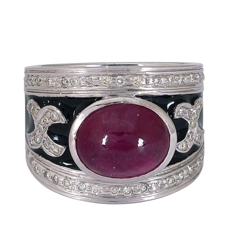 men’s wedding rings with diamonds for wedding bands-Ring- Glass Filled Ruby and Diamond (Enamel)  (272QS)