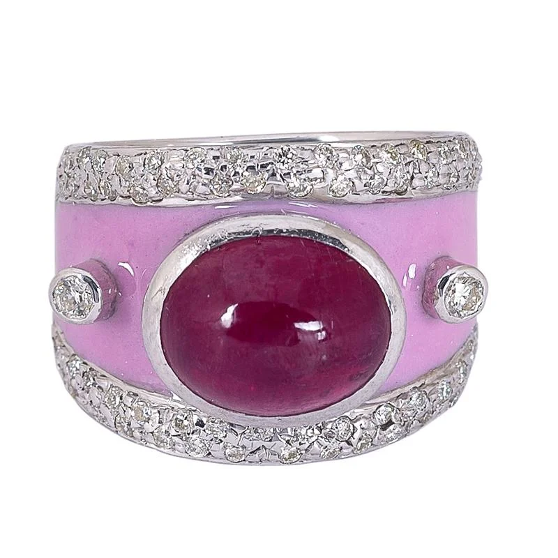 women’s engagement rings with rubies and diamonds for men’s wedding-Ring- Glass Filled Ruby and Diamond (Enamel)  (272PS)