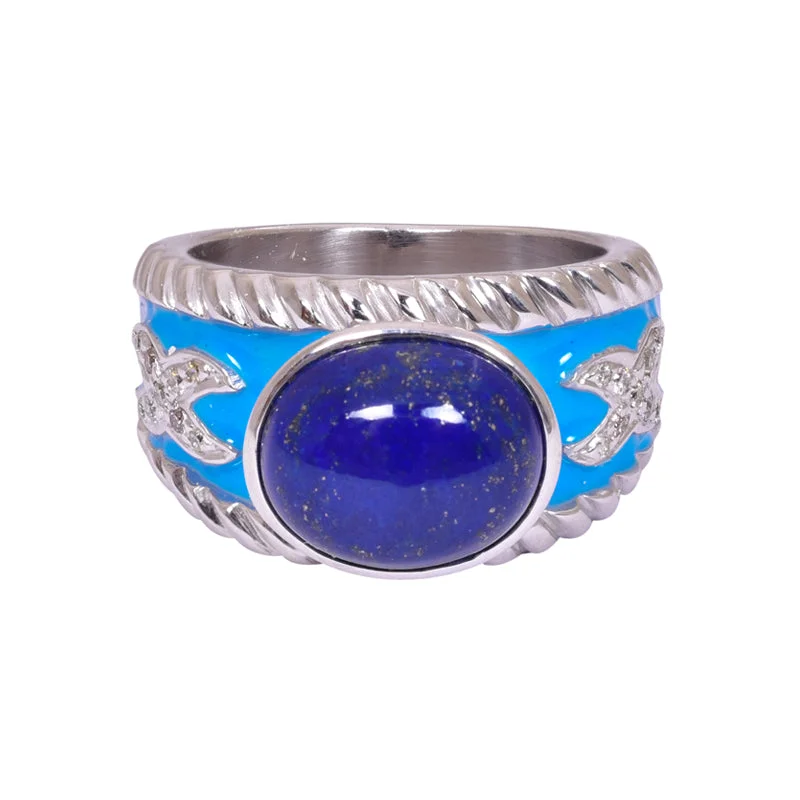 women’s engagement rings with sapphires and diamonds for men-Ring- Lapis Lazuli and Diamond (Enamel) in Silver