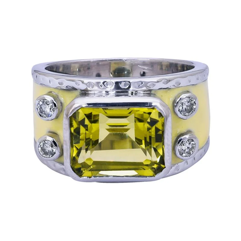 women’s custom rings with diamonds and sapphires for engagement-Ring- Lemon Quartz and Diamond (Enamel)  (255GS)