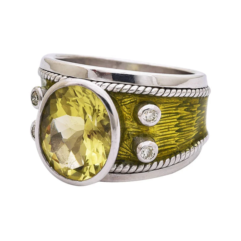 women’s wedding bands with diamonds for wedding engagement-Ring - Lemon Quartz And Diamond (Enamel) In Silver  (244NS)