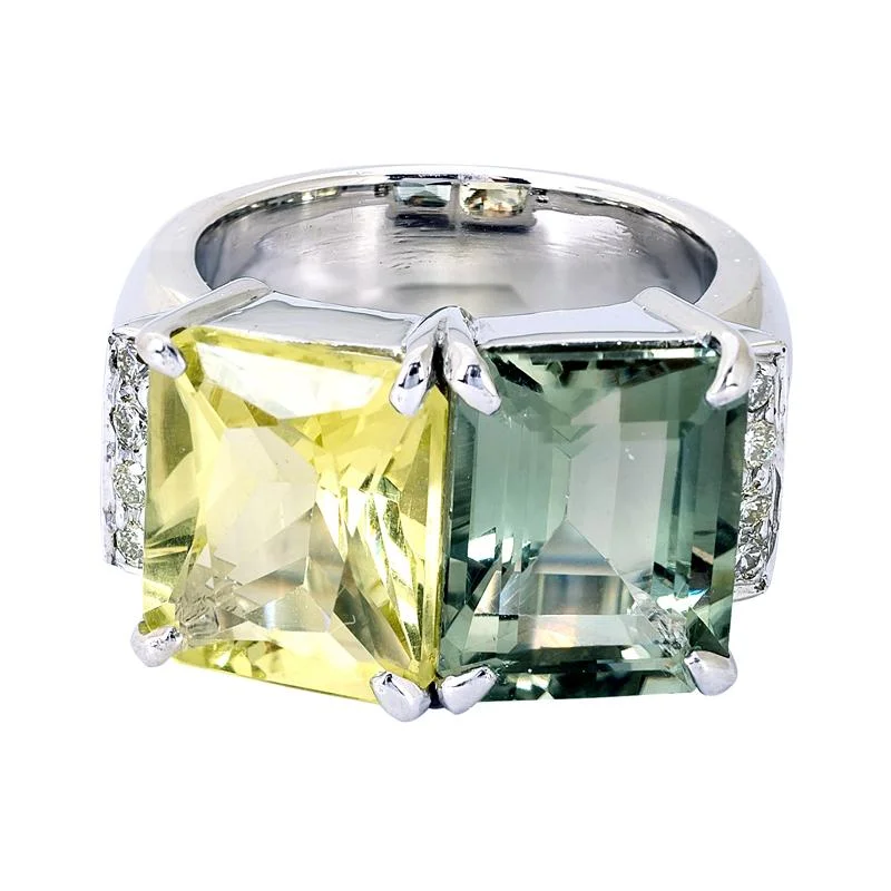 women’s platinum rings with diamonds and sapphires for engagement-Ring- Lemon Quartz, Green Quartz and Diamond  (255QS)