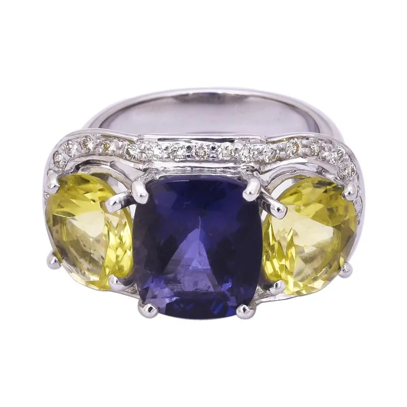 custom wedding bands for women with diamonds for wedding-Ring- Lemon Quartz, Iolite and Diamond  (255HS)