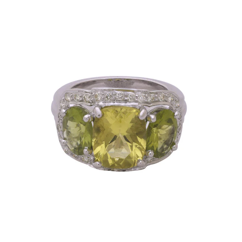 women’s custom-made engagement rings with rubies for wedding-RING- LEMON QUARTZ, PERIDOT AND DIAMOND IN SILVER