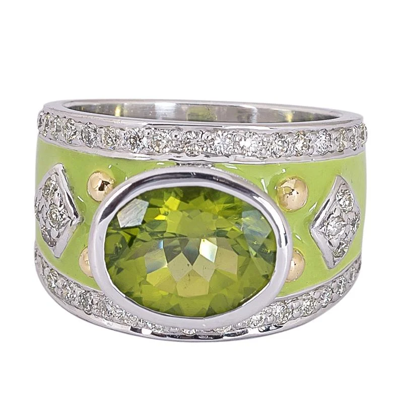 custom engagement rings for women with sapphires and rubies-Ring- Peridot and Diamond (Enamel)  (24OM)