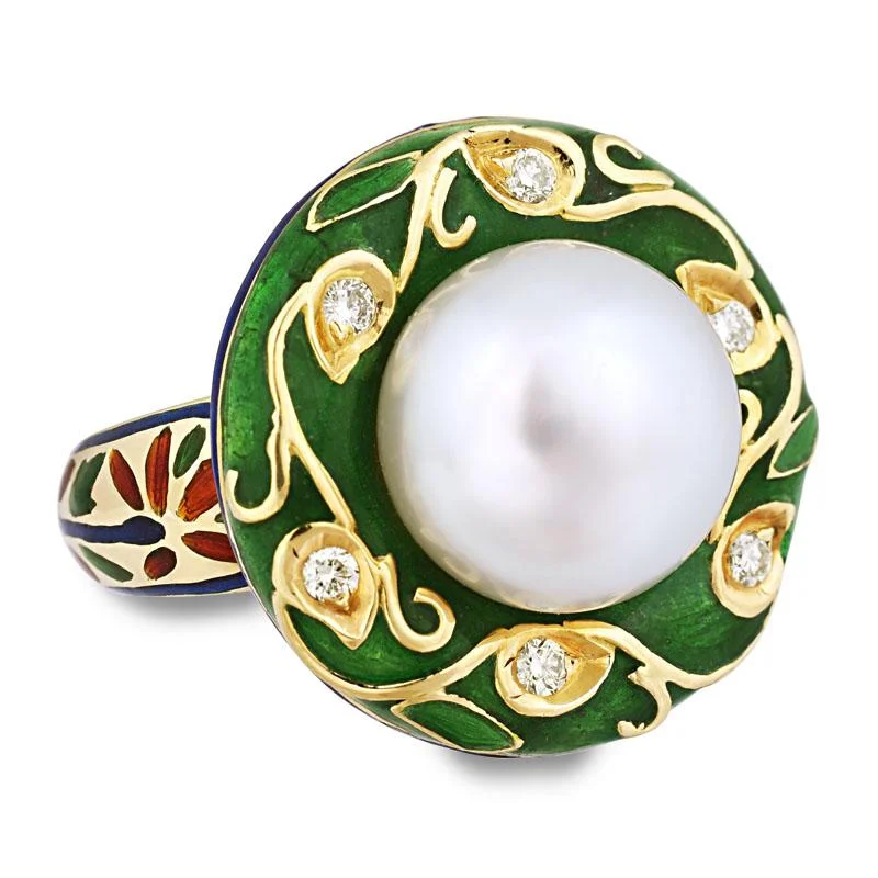 custom platinum rings with diamonds for engagement-Ring-South Sea Pearl and Diamond (Enamel)  (2022I)