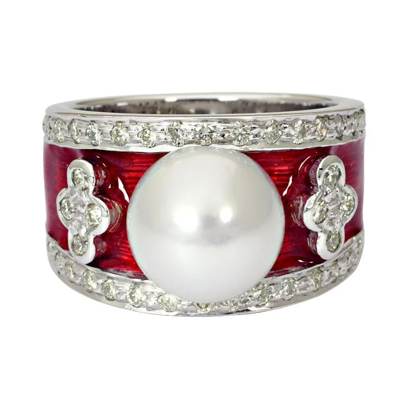 women’s platinum wedding bands with sapphires-Ring-South Sea Pearl and Diamond (Enamel)  (220QS)