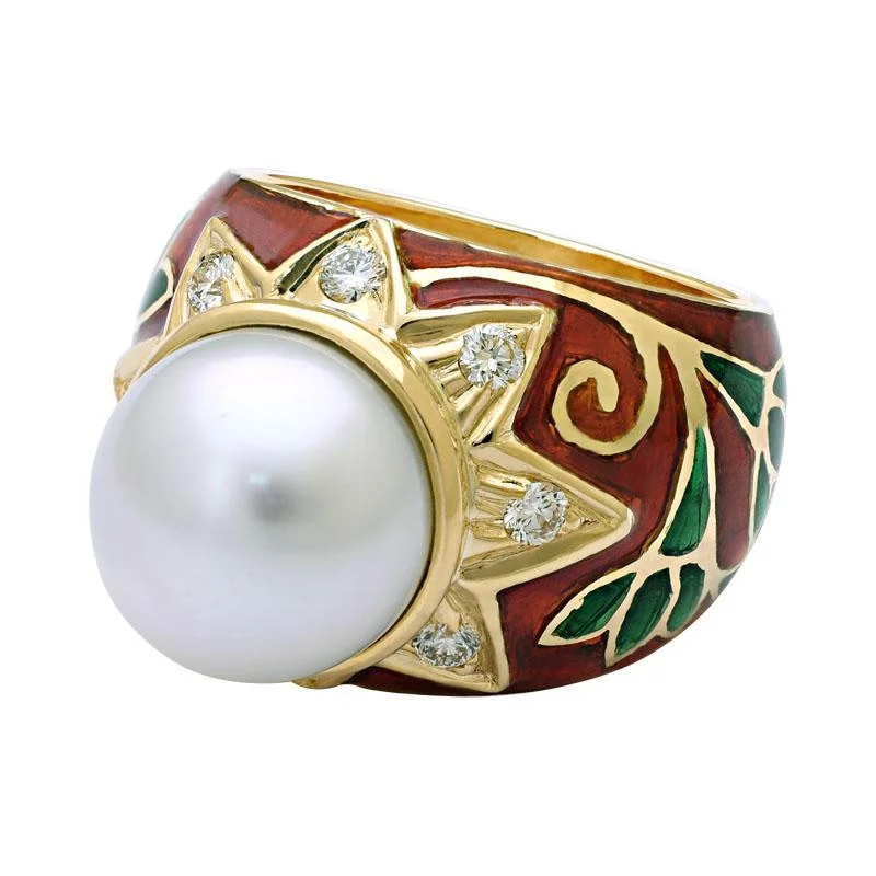 men’s rings with diamonds and sapphires for wedding bands-Ring-South Sea Pearl and Diamond (Enamel)  (2140N)