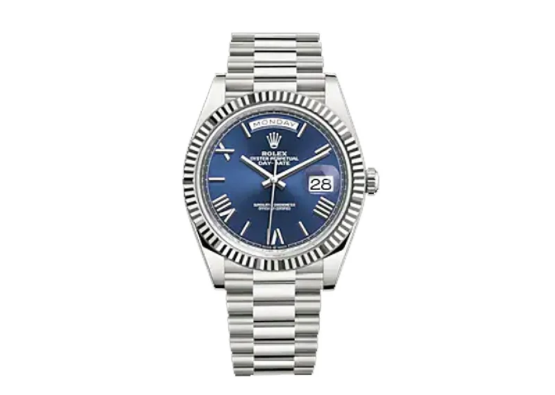 elegant watches for women with stainless steel and gemstone details -Rolex Day-Date 40mm 228239 White Gold President Bright Blue Dial