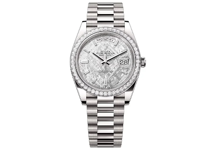 watches for women with diamond accents and luxurious materials -Rolex Day-Date 40mm 228349 White Gold President Diamond Bezel Meteorite Dial