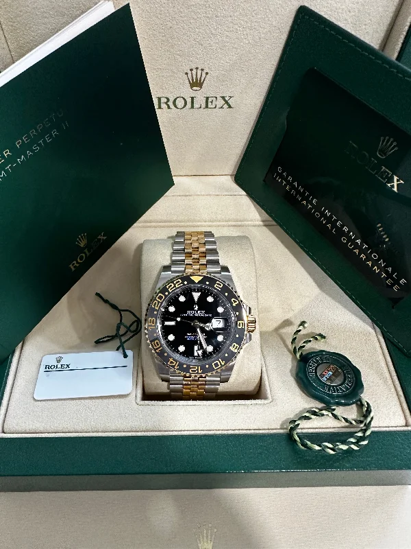 women's watches with elegant designs and interchangeable bands -Rolex GMT Master II 40mm 126713GRNR Two-Tone Oyster Jubilee Black Dial