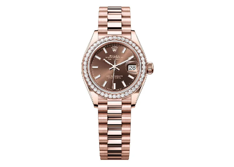 elegant watches for women with polished metal and interchangeable straps -Rolex Lady-Datejust 28mm 279135 Everose Gold chocolate Dial