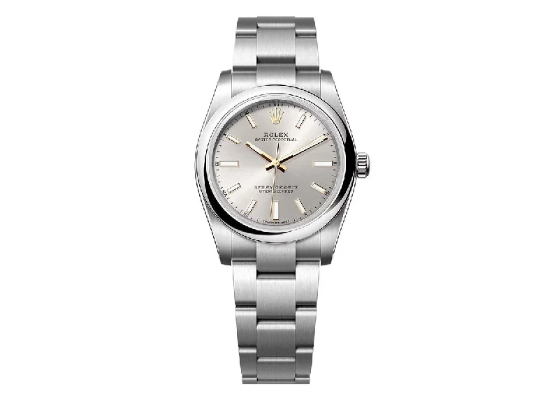 men's watches with leather bands and digital chronograph functions -Rolex Oyster Perpetual 34mm 124200 Oystersteel Silver Dial