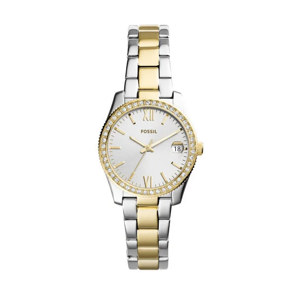 stylish women’s watches with large, round faces and durable bands -Scarlette Mini Three-Hand Date Two-Tone Stainless Steel Watch ES4319