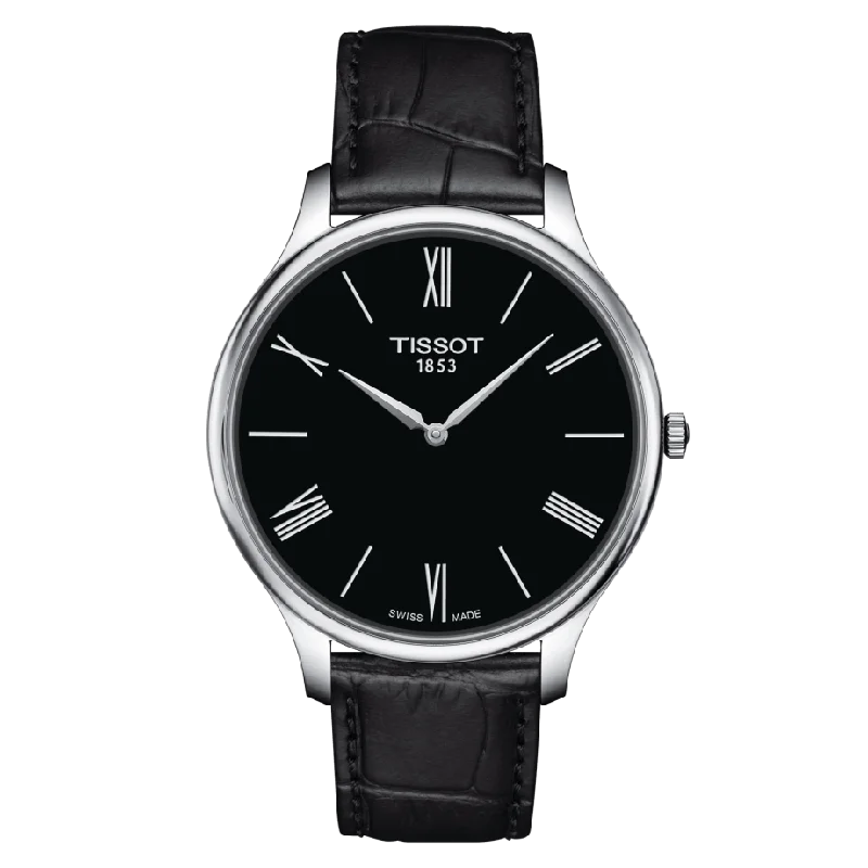 women's watches with slim metal bands and elegant dial designs -Tissot Tradition 5.5 Black Leather Strap Gents Watch