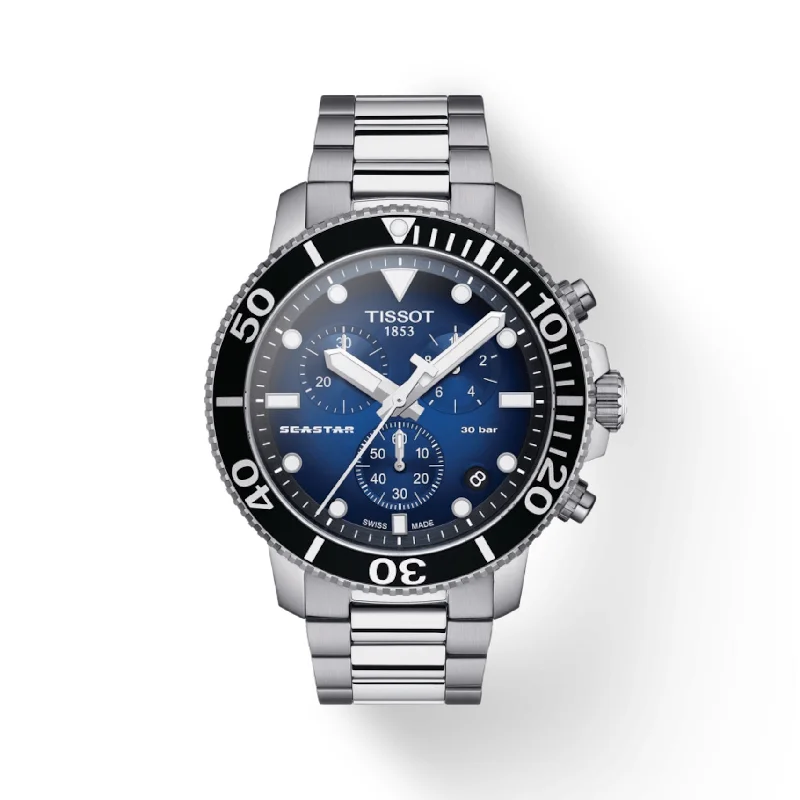 stylish women's watches with minimalist faces and slim metal bands -Tissot Seastar 1000 Chronograph Blue Dial