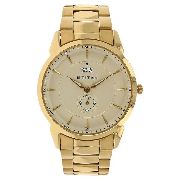 luxury watches for men with vintage designs and leather bands -Titan Quartz Analog with Date Champagne Dial Stainless Steel Strap Watch for Men 1521ym02